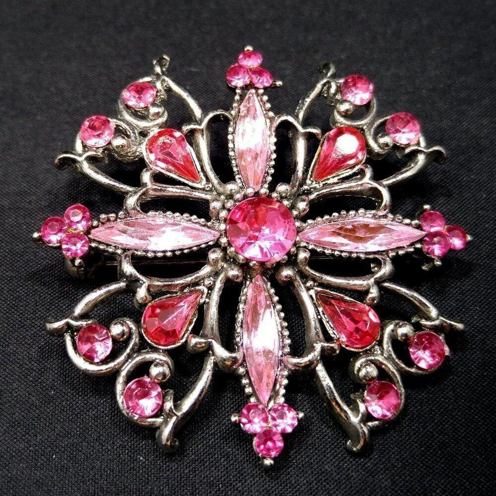 Vintage Pink Rhinestone Floral Brooch Silver Tone 1990s Sparkling Pin